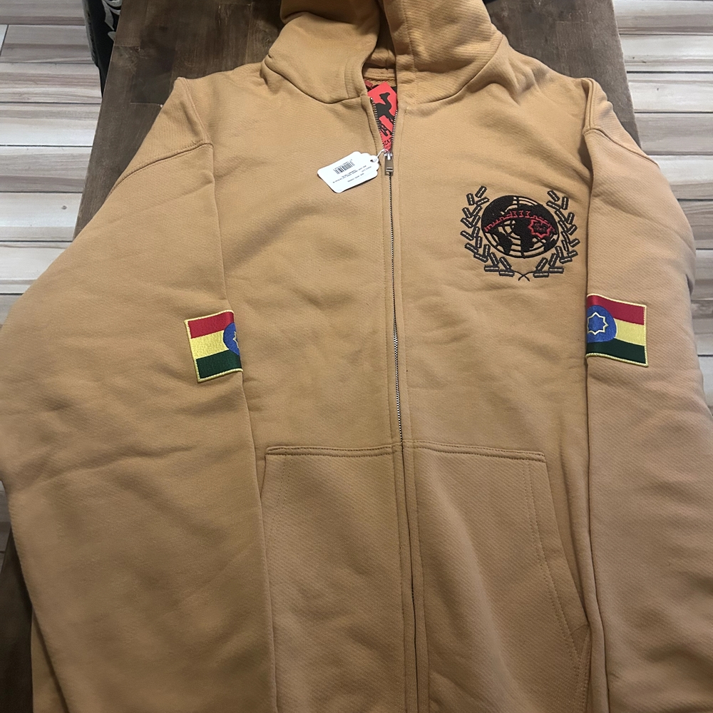 MURD333R.FM YELLOW PEACEMAKER HOODIE Hooded Zip Jacket with Embroidered Crest